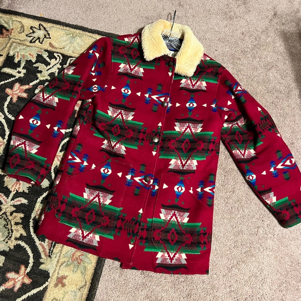 SOLD!!! M Pendleton Wool Shearling Indian Blanket Coat - Picture 4 of 14